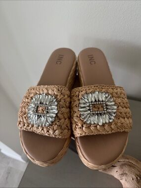 INC International Concepts Tan Raffia Slide Sandals with Crystal Buckle Accent